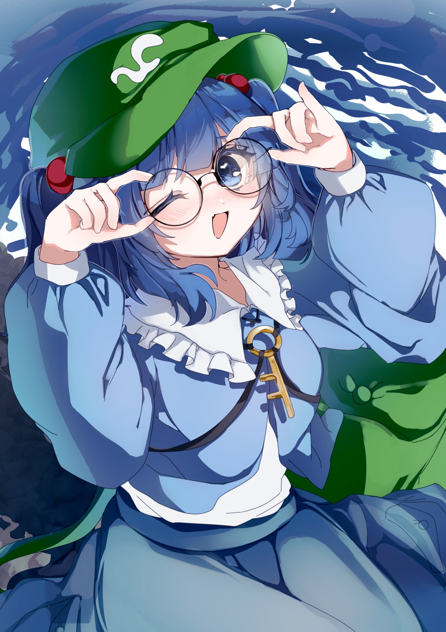 hayuk0, kawashiro nitori, touhou, highres, 1girl, bag, bespectacled, black-framed eyewear, blue hair, boots, glasses, green bag, green hat, hair bobbles, hair ornament, hat, jewelry, key, key necklace, necklace, round eyewear, rubber boots, short hair, smile, solo, winking (animated)