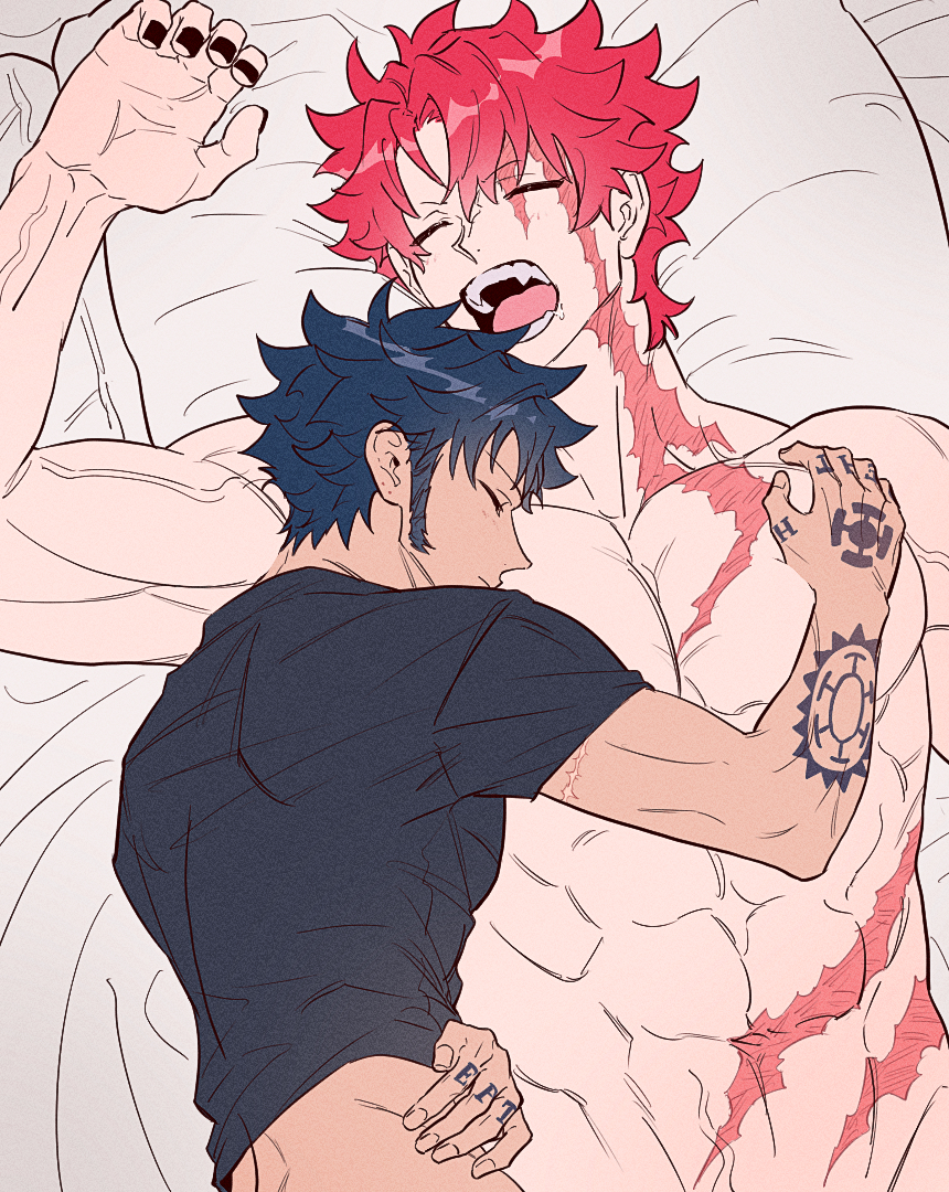 yakumo (ykm), eustass kid, trafalgar law, one piece, commentary request, 2boys, abs, arm tattoo, bed, bed sheet, biceps, black hair, black shirt, closed eyes, closed mouth, cuddling, drooling, fangs, finger tattoo, hair between eyes, hand tattoo, hug, large pectorals, lying, male focus, multiple boys, muscular, muscular male, on back, on bed, on side, open mouth, parted bangs, pectoral cleavage, pectorals, pillow, red hair, saliva, scar, scar across eye, scar on chest, scar on face, scar on neck, scar on stomach, shirt, short hair, short sleeves, sideburns, sleeping, tattoo, teeth, topless male, upper body, veins, yaoi