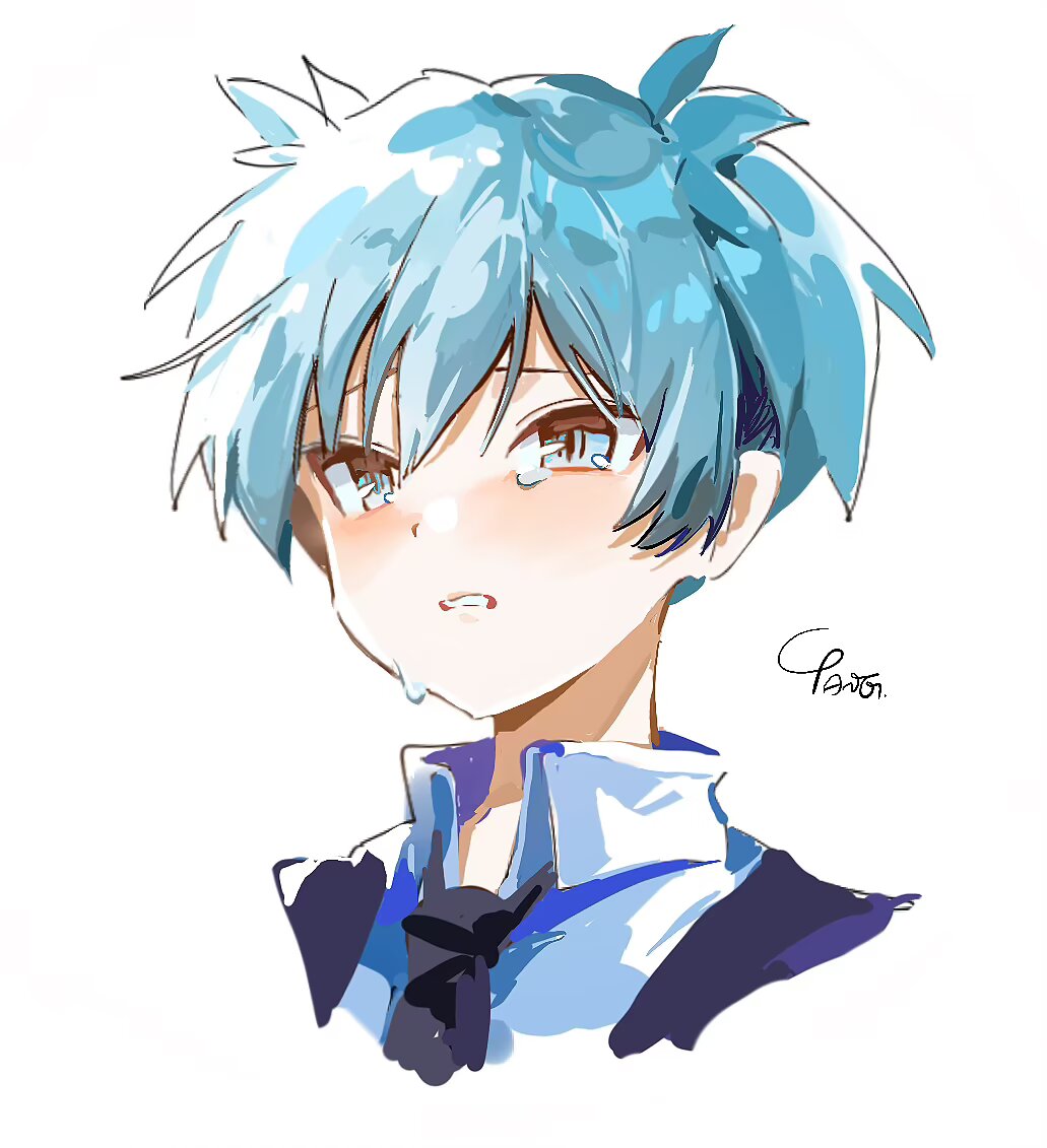 tanglaoban1225, shiota nagisa, ansatsu kyoushitsu, hashtag-only commentary, 1boy, black necktie, blue eyes, blue hair, blush, collared shirt, cropped shoulders, crying, girly boy, looking at viewer, male focus, necktie, shirt, short hair, simple background, solo, twintails, white background, white shirt