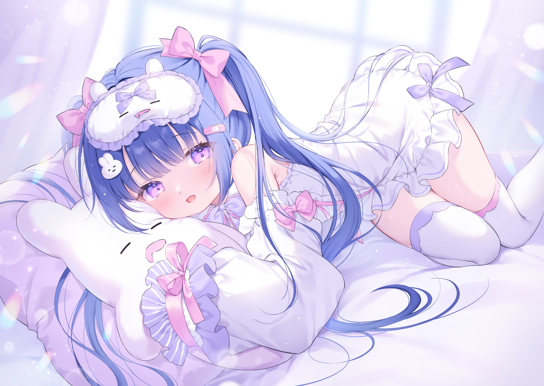 yasumi nashi, original, highres, 1girl, bare shoulders, blue hair, detached sleeves, frills, long hair, long sleeves, lying, on bed, pillow, twintails