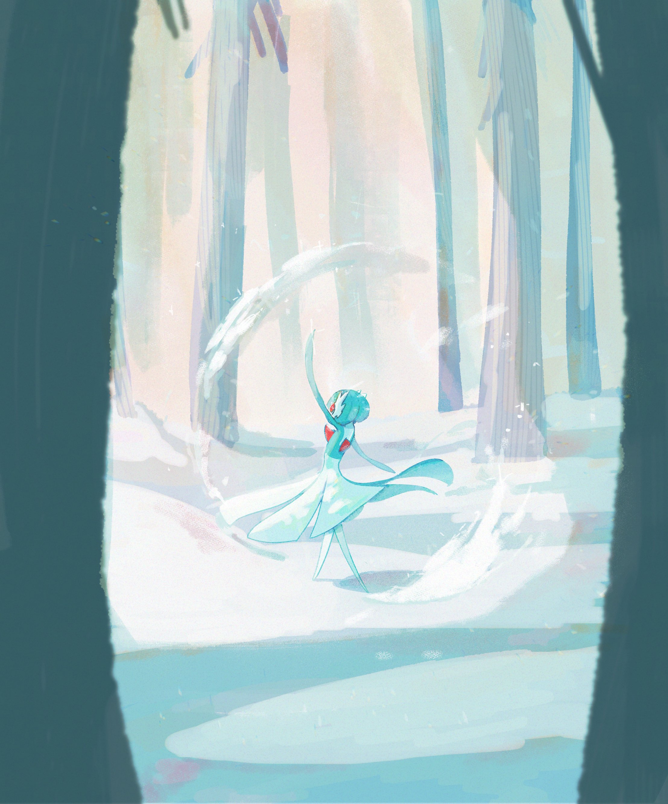 draw pann33, gardevoir, nintendo, pokemon, absurdres, highres, 1girl, alternate color, blue skin, bob cut, colored skin, dress, forest, full body, gen 3 pokemon, multicolored skin, nature, outdoors, pokemon (creature), red eyes, shiny pokemon, short hair, simple background, snow, solo, standing, two-tone skin, white dress, white skin
