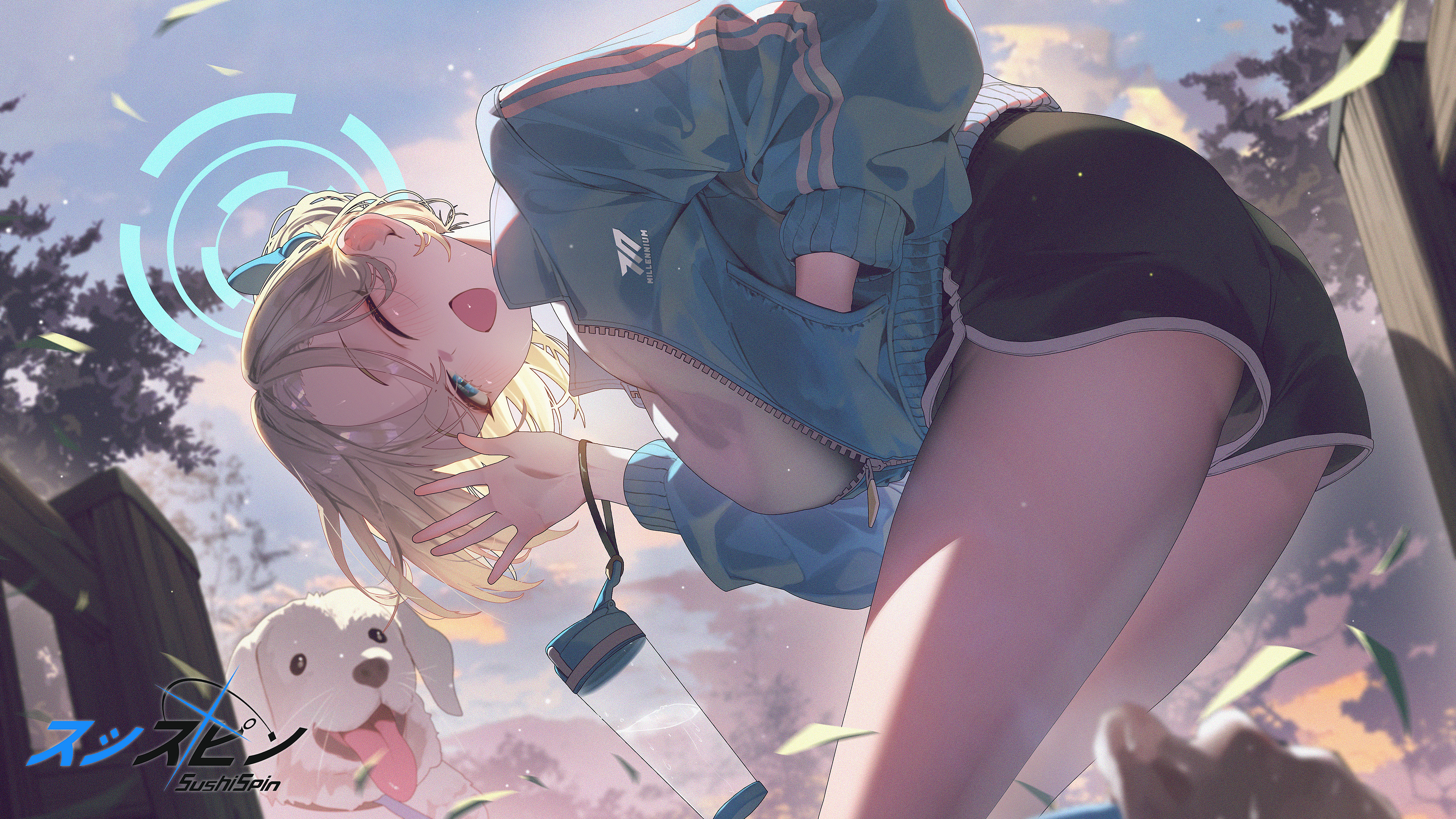 sushispin, asuna (blue archive), blue archive, absurdres, commentary, highres, 1girl, ;d, alternate costume, ass, bare legs, bent over, black shorts, blonde hair, blue eyes, blue jacket, breasts, dolphin shorts, falling leaves, halo, hand in pocket, hand up, jacket, labrador retriever, large breasts, leaf, looking at viewer, millennium science school logo, one eye closed, open mouth, outdoors, parody, partially unzipped, shirt, short shorts, shorts, smile, solo, title parody, track jacket, white shirt