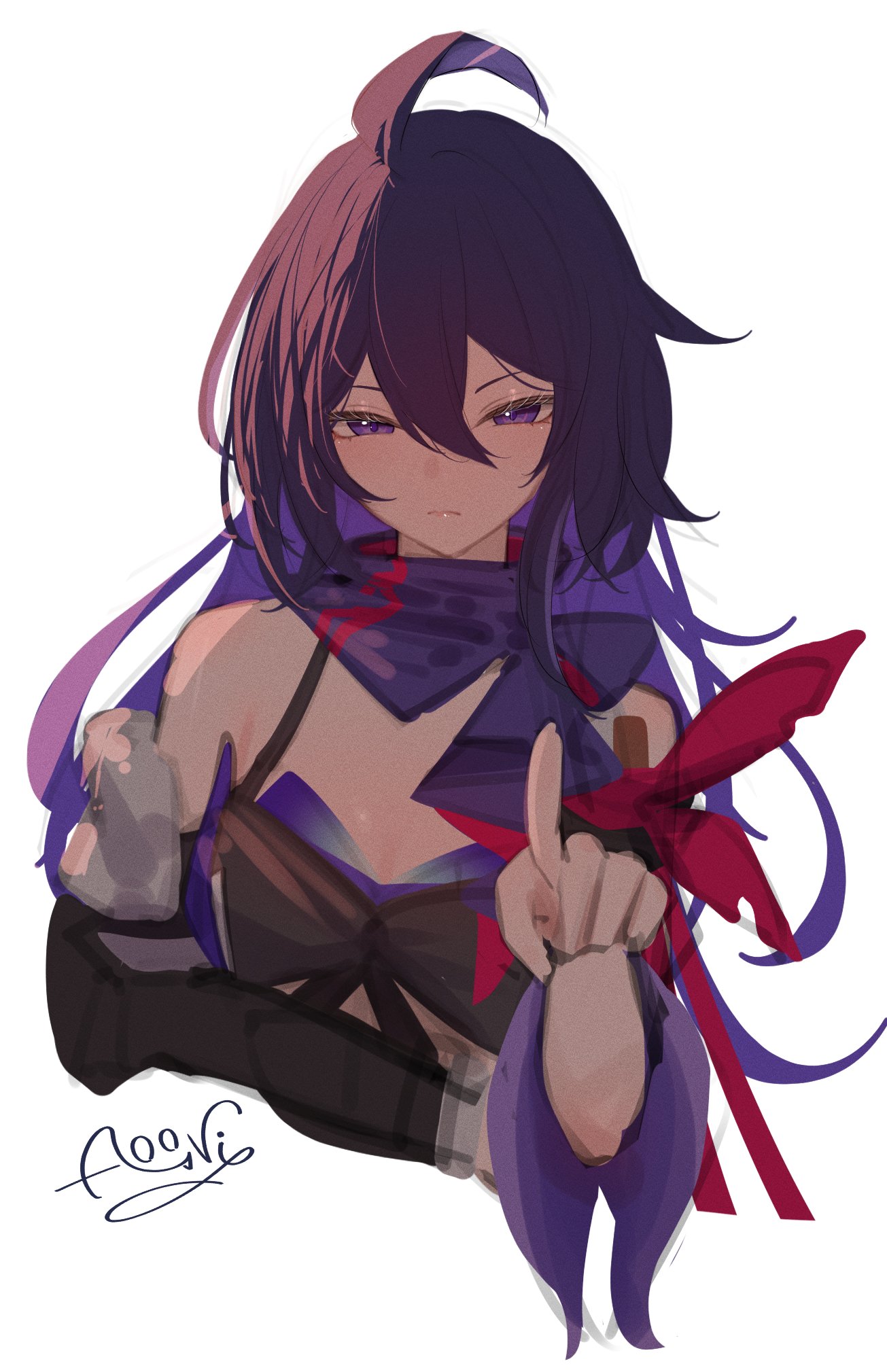aooni 09, seele (honkai: star rail), honkai: star rail, honkai (series), mihoyo, 1girl, ahoge, arm scarf, asymmetrical clothes, long hair, looking at viewer, parted bangs, portrait, purple eyes, purple hair, scarf