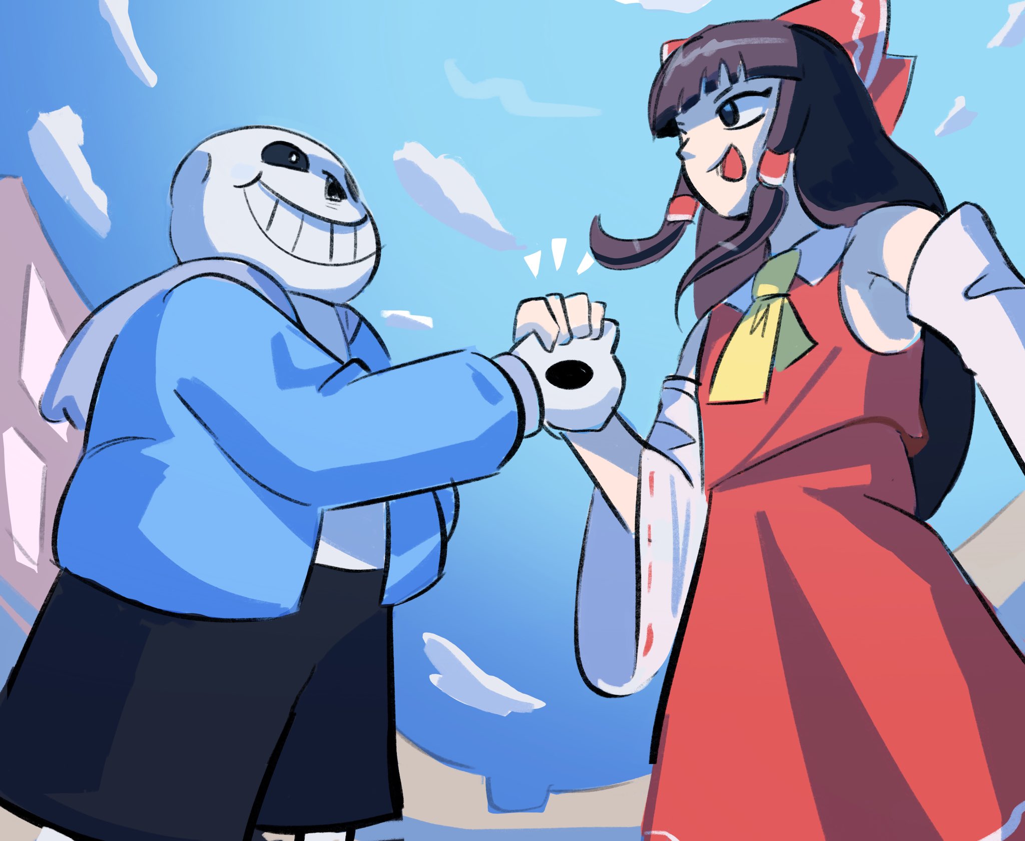hakurei reimu, sans (undertale), touhou, undertale, utdr (toby fox), highres, 1boy, 1girl, black hair, black shorts, blue jacket, blue sky, blunt bangs, bow, cloud, cloudy sky, detached sleeves, grabbing another's hand, hair bow, jacket, japanese clothes, just yousif, looking at another, meme, miko, nontraditional miko, outdoors, red bow, shorts, skeleton, sky, the one piece is real (meme)