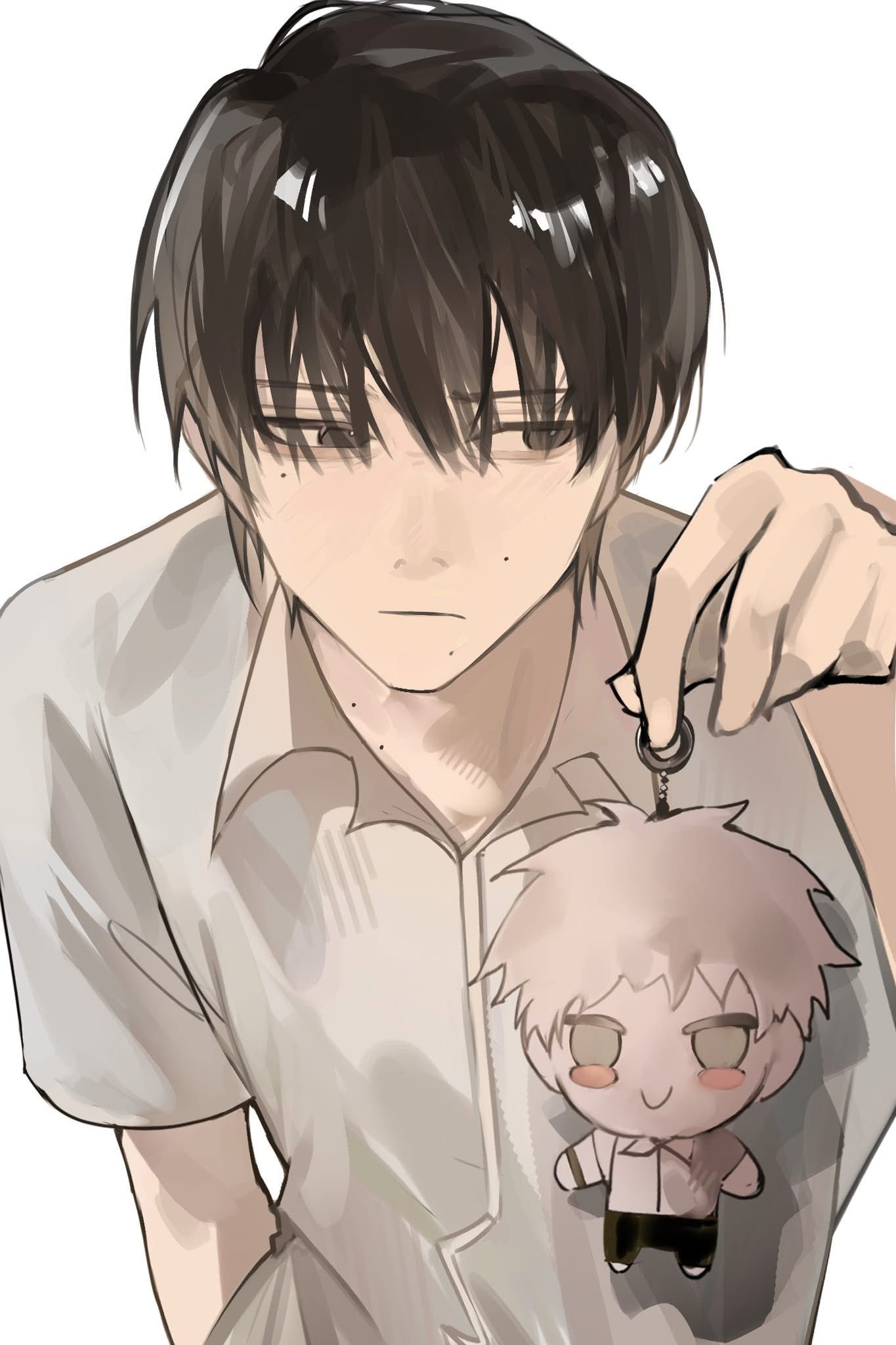 4rest, indou hikaru, tsujinaka yoshiki, hikaru ga shinda natsu, hashtag-only commentary, highres, 1boy, black eyes, black hair, collared shirt, male focus, mole, mole on cheek, mole on neck, mole under eye, mole under mouth, multiple moles, shirt, short hair, short sleeves, simple background, white background, white hair, white shirt