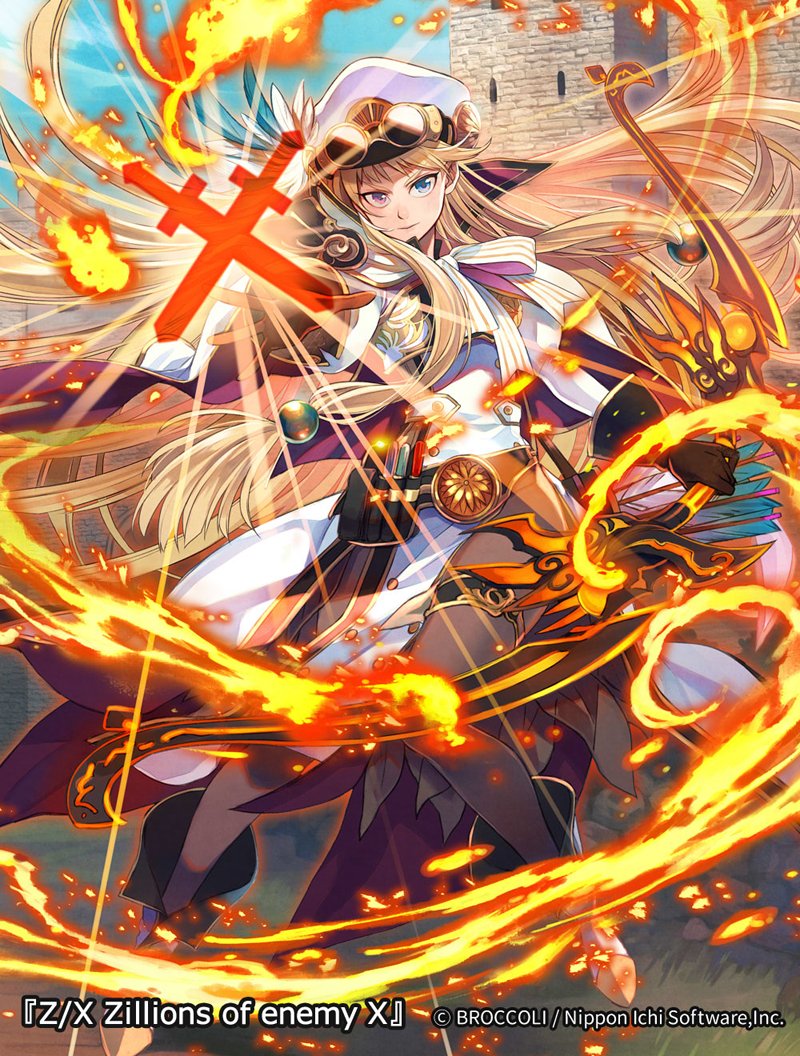 yuko (uc yuk), gandiva (z/x), z/x, official art, 1girl, blonde hair, bow (weapon), closed mouth, copyright notice, dress, fire, goggles, goggles on headwear, gold trim, green eyes, hat, hat feather, heterochromia, holding, holding bow (weapon), holding weapon, long hair, outdoors, pantyhose, purple eyes, solo, weapon, white dress, white hat