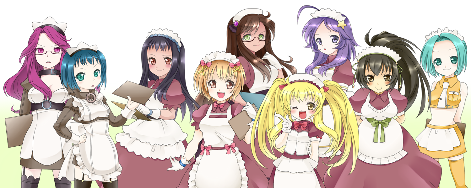 kotomi (happy colors), alty (ragnarok online), blossom (ragnarok online), leilah (ragnarok online), lyrus (ragnarok online), pavianne (ragnarok online), roxie (ragnarok online), sampaguita (ragnarok online), ragnarok online, commentary request, :d, ahoge, apron, arms behind back, black-framed eyewear, black hair, black thighhighs, blonde hair, blue eyes, blush, bow, bowtie, breasts, brown dress, brown eyes, brown hair, cleavage, clipboard, closed mouth, cowboy shot, crop top, curly sue, dress, garter straps, glasses, gloves, gradient background, green background, green eyes, green hair, hair ornament, holding, holding clipboard, jasmine (ragnarok online), kafra uniform, leaning forward, long hair, looking at viewer, maid, maid headdress, medium breasts, midriff, one eye closed, open mouth, orange eyes, orange shirt, orange skirt, orange thighhighs, puffy short sleeves, puffy sleeves, purple eyes, purple hair, red bow, red bowtie, shirt, short bangs, short hair, short sleeves, simple background, skirt, smile, thighhighs, twintails, white apron, white background, white gloves, x hair ornament, yellow eyes