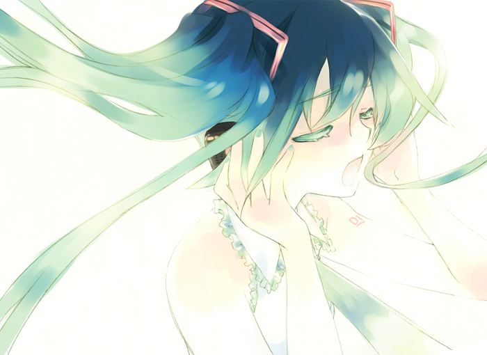 hajida, hatsune miku, vocaloid, aqua hair, closed eyes, green hair, headphones, jewelry, long hair, music, necktie, open mouth, shirt, singing, solo, tattoo, twintails