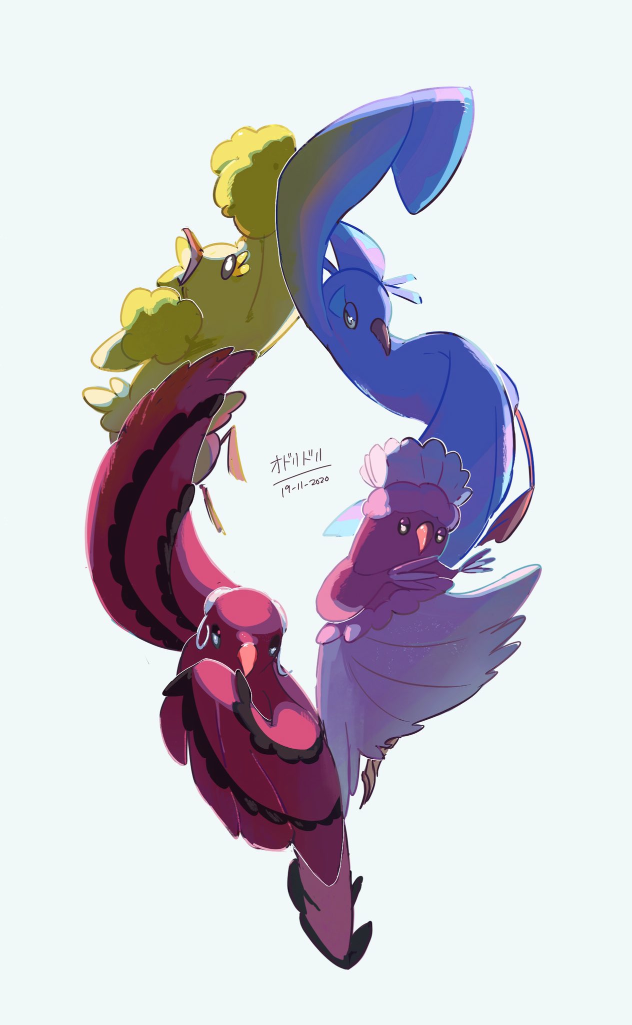 draw pann33, oricorio, oricorio (baile), oricorio (pa'u), oricorio (pom-pom), oricorio (sensu), nintendo, pokemon, highres, animal focus, beak, bird, black eyes, cheerleader, dancing, feathers, flower, flower necklace, full body, gen 7 pokemon, grass skirt, hand fan, hula, jewelry, lei, looking at viewer, necklace, no humans, pink feathers, pink skirt, pokemon (creature), pokemon focus, pom pom (cheerleading), purple feathers, red feathers, simple background, skirt, standing, white background, yellow feathers