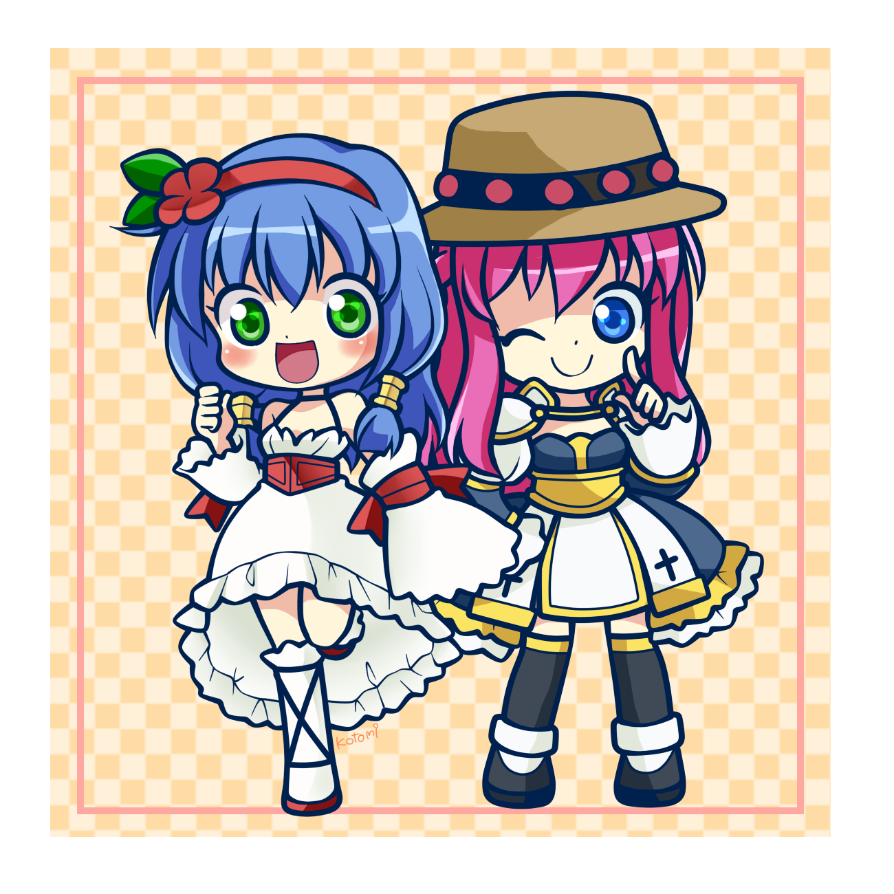 kotomi (happy colors), arch bishop (ragnarok online), wanderer (ragnarok online), ragnarok online, commentary request, highres, 2girls, :d, black dress, black shoes, black thighhighs, blue eyes, blue hair, blush, brown hat, checkered background, chibi, chibi only, closed mouth, corset, cross, detached sleeves, dress, frilled dress, frills, full body, green eyes, hair tubes, hairband, hat, long hair, looking at viewer, multiple girls, official alternate costume, one eye closed, open mouth, orange background, pink hair, red corset, red hairband, sash, shoes, sleeveless, sleeveless dress, smile, socks, thighhighs, two-tone dress, white dress, white sleeves, white socks, yellow sash