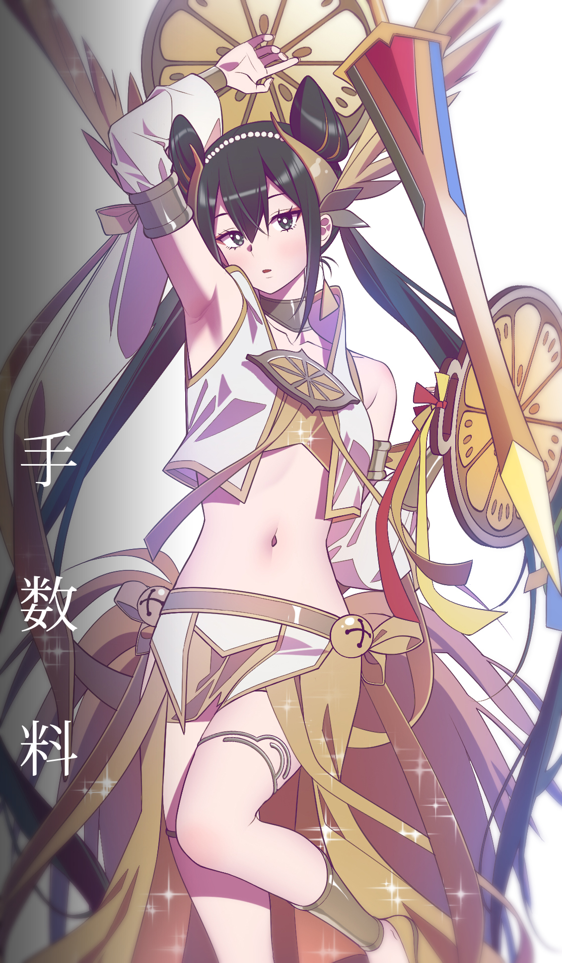 andrian januar adilia, ohime the manifested mikanko, yu-gi-oh!, highres, 1girl, arm up, armlet, armpits, bell, black eyes, black hair, crop top, detached sleeves, duel monster, feather hair ornament, feathers, hair ornament, jewelry, looking at viewer, navel, necktie, open mouth, short shir, solo, stomach, thighlet, twintails