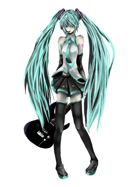 nako, nako (nonrain), hatsune miku, vocaloid, bad id, bad pixiv id, aqua eyes, aqua hair, detached sleeves, guitar, headset, instrument, long hair, necktie, skirt, solo, thighhighs, twintails, very long hair