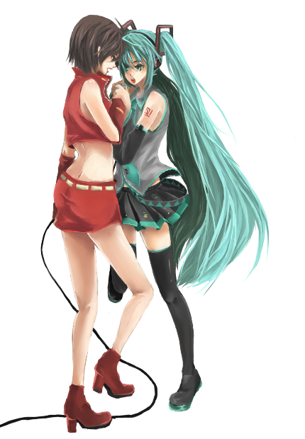 nako, nako (nonrain), hatsune miku, meiko (vocaloid), vocaloid, bad id, bad pixiv id, 2girls, aqua eyes, aqua hair, brown hair, detached sleeves, high heels, long hair, midriff, multiple girls, pencil skirt, shoes, skirt, thighhighs, twintails, very long hair
