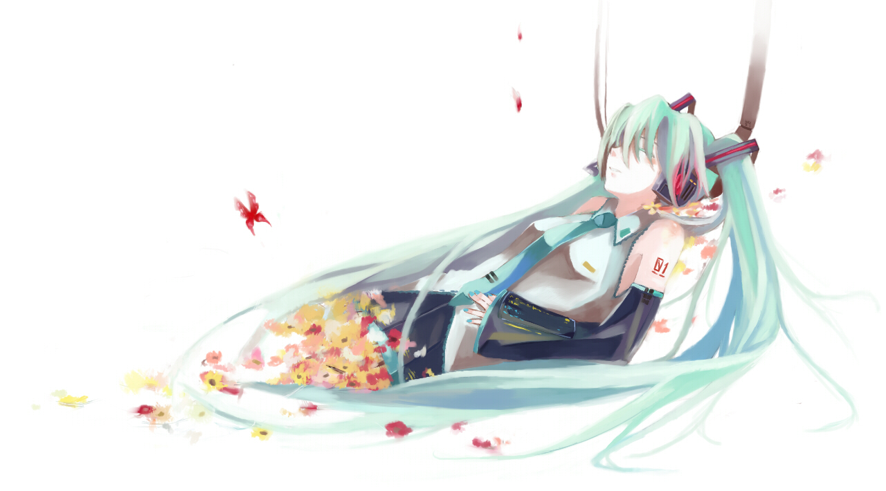 nako, nako (nonrain), hatsune miku, vocaloid, bad id, bad pixiv id, 1girl, aqua hair, closed eyes, detached sleeves, fading, female focus, flower, headset, long hair, necktie, skirt, solo, twintails