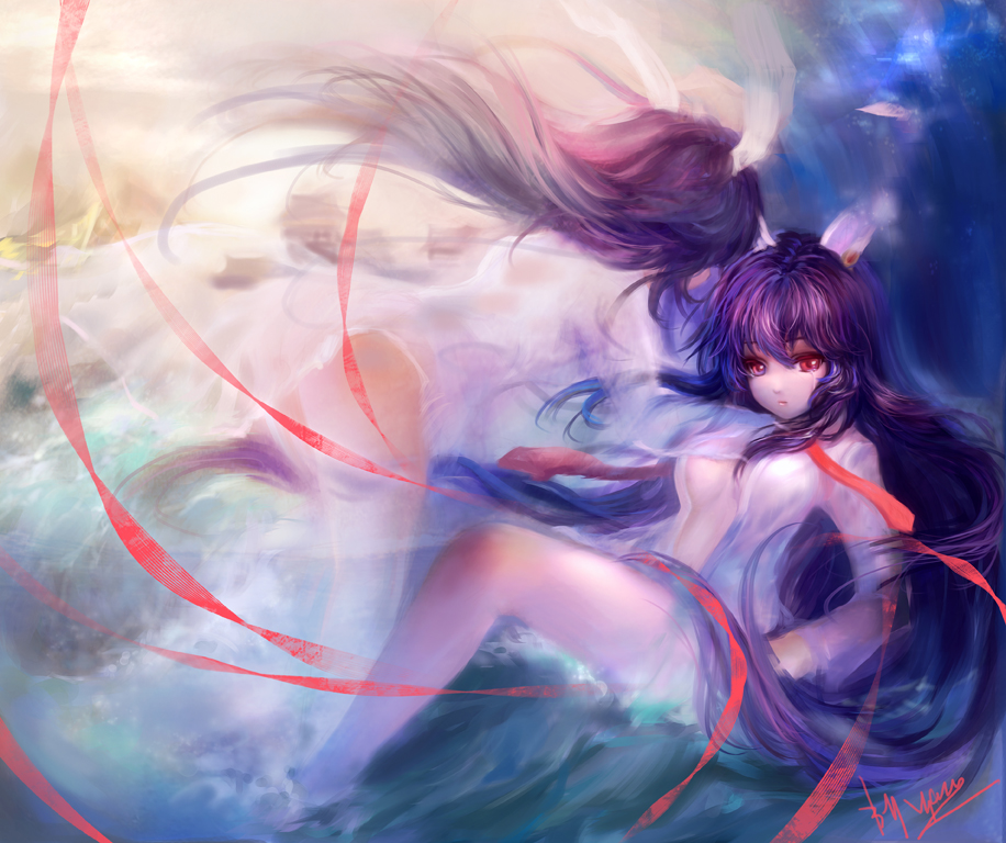 yoru (xueyinye), inaba mob (touhou), reisen udongein inaba, touhou, extra, bad id, bad pixiv id, 2girls, animal ears, breasts, female focus, long hair, multiple girls, open clothes, open shirt, purple hair, rabbit ears, red eyes, ribbon, shirt, tears, water