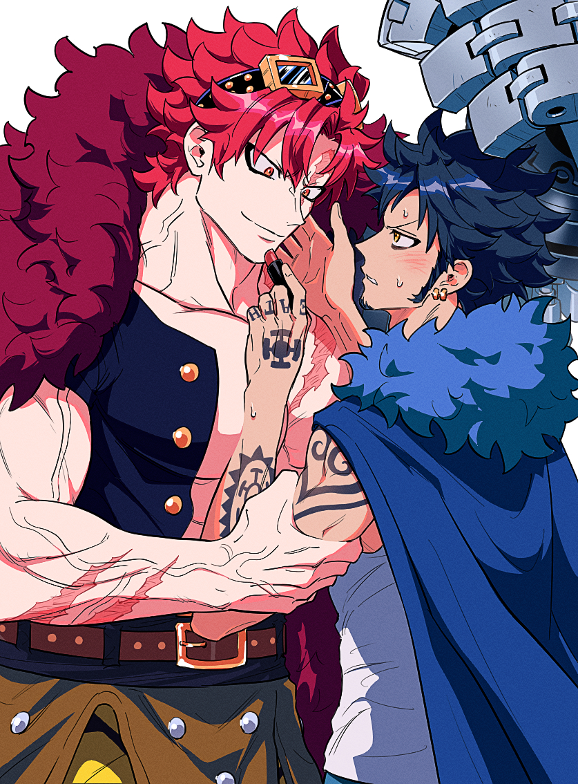 yakumo (ykm), eustass kid, trafalgar law, one piece, commentary request, 2boys, abs, arm tattoo, belt, belt buckle, biceps, black hair, black shirt, blue coat, blush, brown belt, buckle, buttons, closed mouth, coat, coat on shoulders, collarbone, cosmetics, earrings, eye contact, facial hair, finger tattoo, fur-trimmed coat, fur coat, fur trim, goatee, goggles, goggles on head, gold earrings, grabbing another's arm, hand tattoo, holding, holding lipstick tube, jewelry, large pectorals, lipstick tube, looking at another, male focus, mechanical arms, multiple boys, muscular, muscular male, open clothes, open shirt, parted bangs, parted lips, pectorals, red coat, red eyes, red hair, scar, scar across eye, scar on arm, scar on chest, scar on face, shirt, short hair, short sleeves, shoulder tattoo, sideburns, simple background, single mechanical arm, smile, standing, sweat, tank top, tattoo, veins, white background, white tank top, yaoi, yellow eyes