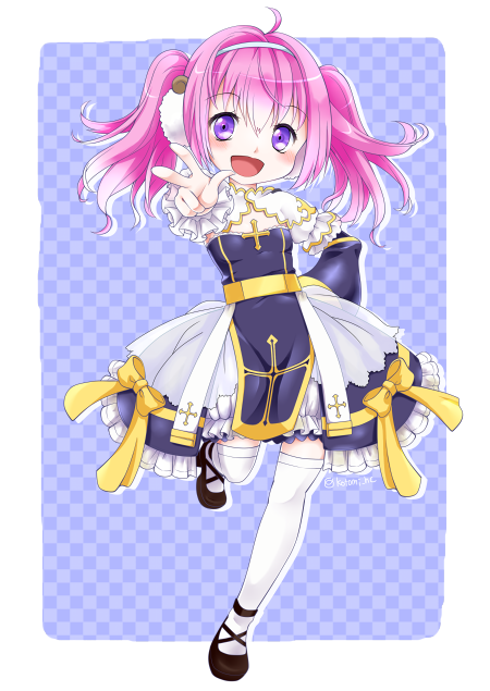 kotomi (happy colors), arch bishop (ragnarok online), ragnarok online, commentary request, 1girl, :d, ahoge, black dress, black shoes, blue background, blush, border, bow, breasts, checkered background, cross, dress, dress bow, frilled dress, frilled sleeves, frills, full body, grey hairband, hairband, looking at viewer, medium hair, official alternate costume, open mouth, pink hair, purple eyes, sash, shoes, small breasts, smile, solo, standing, standing on one leg, thighhighs, transparent border, two-tone dress, white dress, white thighhighs, yellow bow, yellow sash