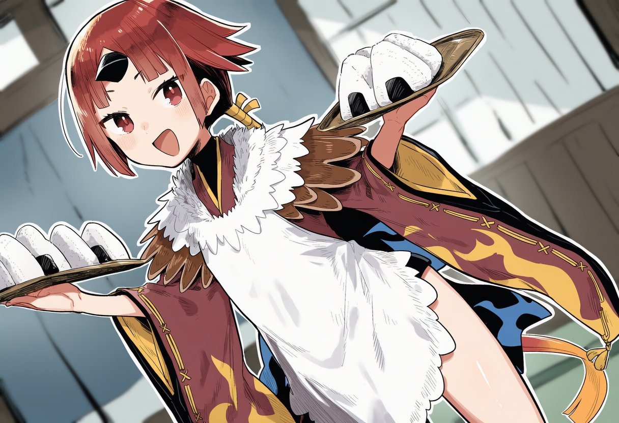 beni-enma, beni-enma (first ascension), fate/grand order, fate (series), 1girl, apron, beak, brown kimono, feather trim, food, gurugurukaijyuu, indoors, japanese clothes, kimono, long hair, low ponytail, multicolored hair, onigiri, open mouth, ponytail, red eyes, red hair, short kimono, smile, solo, thighs, two-tone hair, white apron, wide sleeves
