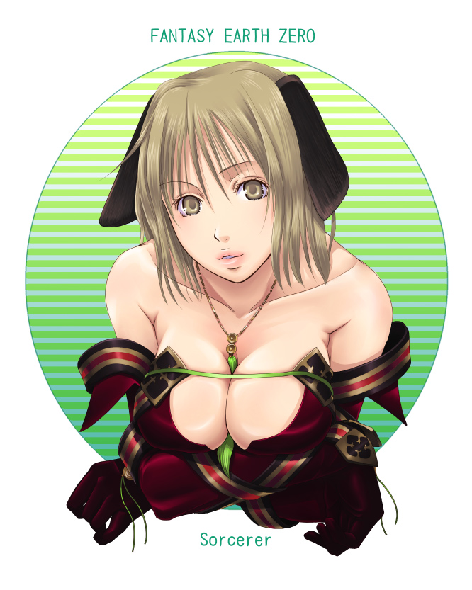 mr.romance, fantasy earth zero, breast hold, 1girl, animal ears, bare shoulders, between breasts, breasts, brown eyes, brown hair, cleavage, female focus, gloves, large breasts, solo