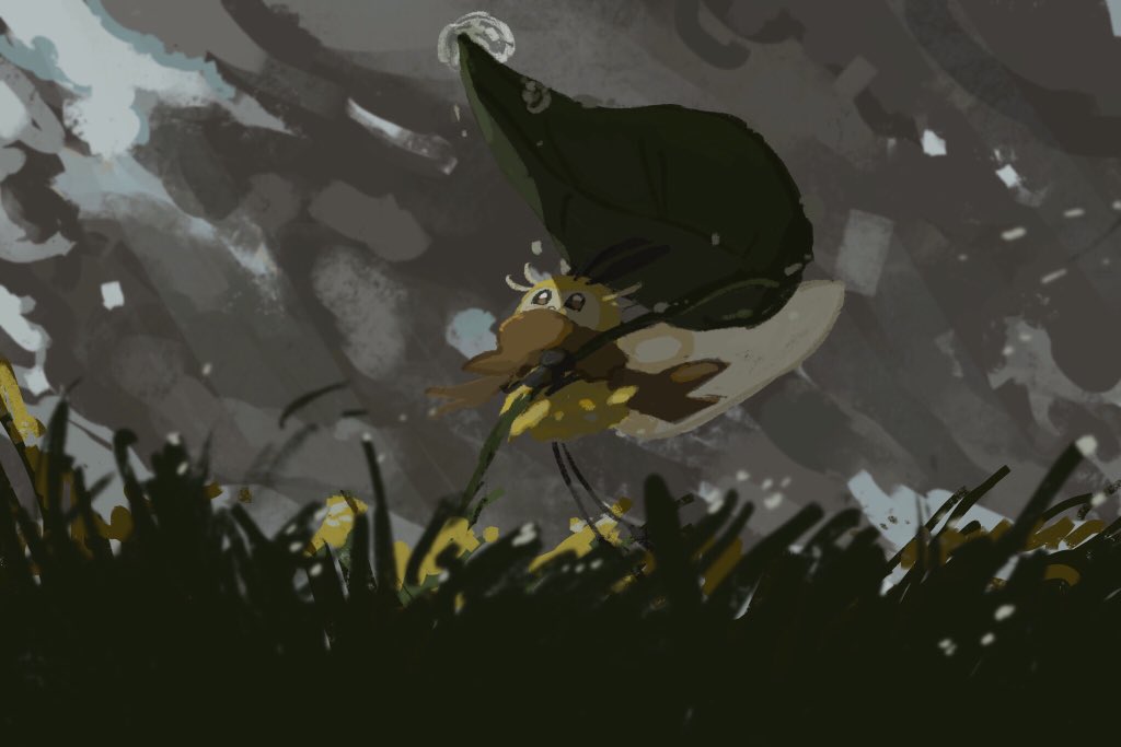 draw pann33, ribombee, nintendo, pokemon, antennae, bee, black eyes, brown scarf, bug, flower, flying, full body, gen 7 pokemon, grass, holding, holding umbrella, insect, insect wings, leaf umbrella, looking up, no humans, outdoors, pokemon (creature), scarf, solo, storm cloud, umbrella, wings, yellow flower