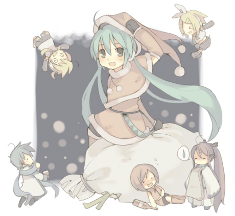 piibokoto, hatsune miku, kagamine len, kagamine rin, kaito (vocaloid), kamui gakupo, meiko (vocaloid), vocaloid, lowres, 3boys, 3girls, alcohol, aqua hair, chibi, christmas, multiple boys, multiple girls, santa costume, spring onion, twintails
