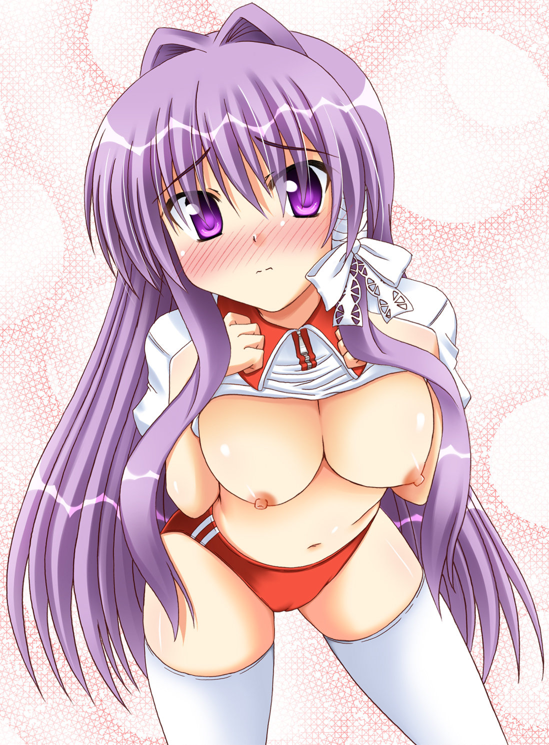 lask, fujibayashi kyou, clannad, highres, 00s, 1girl, blush, breasts, breasts out, buruma, clothes lift, female focus, hair ribbon, large breasts, long hair, looking at viewer, navel, nipples, orange buruma, purple eyes, purple hair, ribbon, shirt lift, solo, split mouth, standing, thighhighs