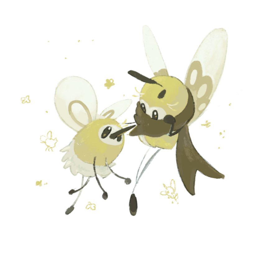 draw pann33, cutiefly, ribombee, nintendo, pokemon, animal focus, antennae, black eyes, brown scarf, bug, flying, full body, gen 7 pokemon, insect wings, looking at another, no humans, pokemon (creature), scarf, simple background, white background, wings