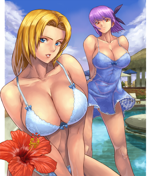 ibanen, ayane (doa), tina armstrong, dead or alive, tecmo, bad id, bad pixiv id, 2girls, blonde hair, blue bra, blue eyes, blue panties, bra, breasts, chemise, cleavage, dress, flower, hairband, large breasts, lingerie, multiple girls, panties, purple hair, red eyes, short hair, swimsuit, underwear, underwear only, water