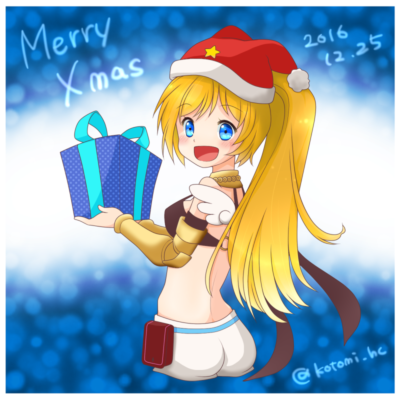kotomi (happy colors), mechanic (ragnarok online), ragnarok online, 1girl, :d, ass, back, bikini, bikini top only, black bikini, blonde hair, blue background, blue eyes, blush, border, box, breasts, christmas, cowboy shot, cropped legs, dated, gift, gift box, hat, hat ornament, high ponytail, holding, holding gift, long hair, looking at viewer, looking back, medium breasts, merry christmas, open mouth, ponytail, red hat, santa hat, shorts, smile, solo, star (symbol), star hat ornament, swimsuit, vambraces, white border, white shorts