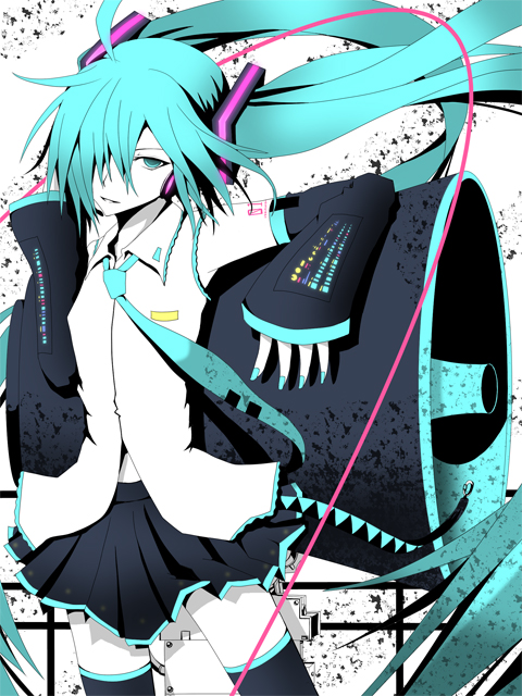 koumei (artist), koumei (harmonizer), hatsune miku, koi wa sensou (vocaloid), vocaloid, 1girl, aqua eyes, aqua hair, detached sleeves, female focus, hair over one eye, long hair, megaphone, necktie, skirt, solo, thighhighs, twintails, very long hair