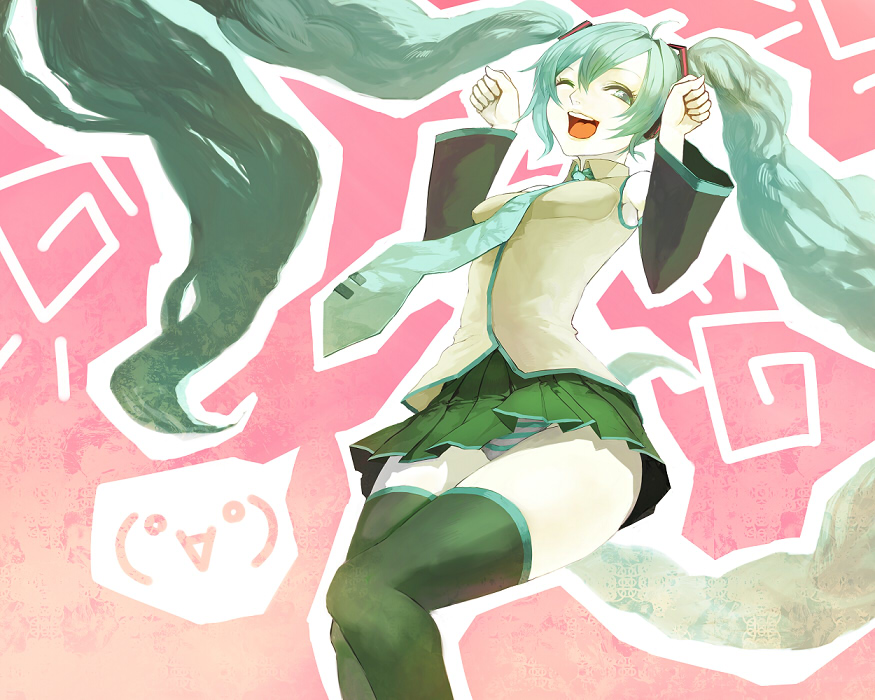 kunimura hakushi, hatsune miku, vocaloid, bad id, bad pixiv id, 1girl, female focus, long hair, one eye closed, panties, solo, striped clothes, striped panties, thighhighs, twintails, underwear, very long hair, wink