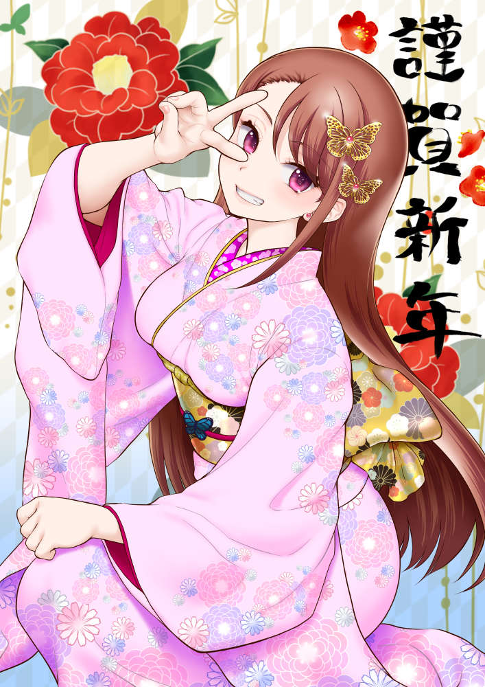 momoya show-neko, hijiri ageha, hirogaru sky! precure, precure, commentary request, translation request, 1girl, :d, asymmetrical bangs, brown hair, butterfly hair ornament, clenched hand, clenched teeth, earrings, fingernails, floral print, floral print kimono, flower, gradient background, hair ornament, japanese clothes, jewelry, kimono, long hair, nail polish, open mouth, pink eyes, pink kimono, pink nails, print kimono, red flower, smile, solo, stud earrings, teeth, v, v over eye, very long hair