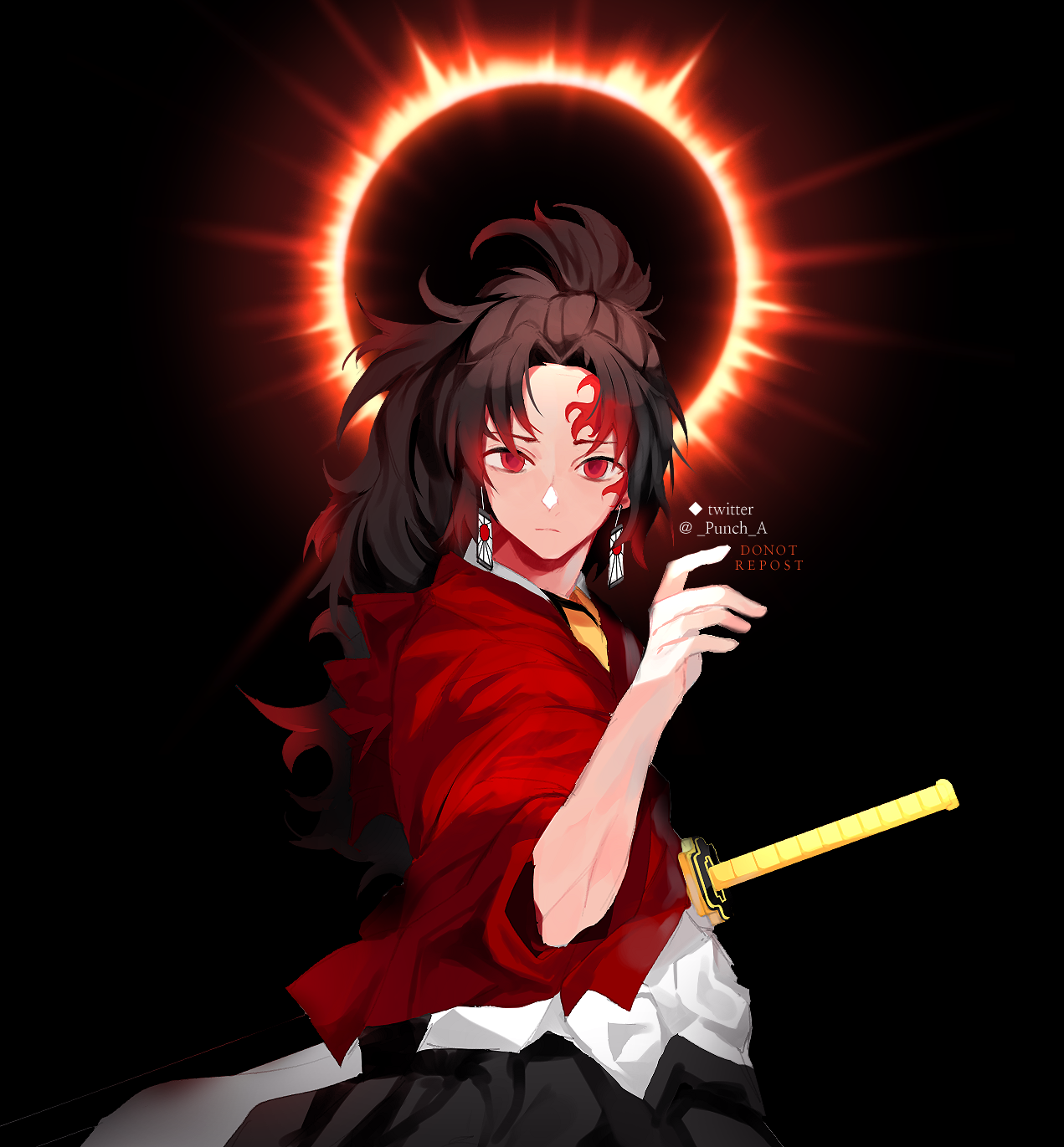 tsugikuni yoriichi, kimetsu no yaiba, highres, 1boy, black background, black hakama, brown hair, closed mouth, earrings, empty eyes, english text, facial tattoo, hakama, hanafuda earrings, hand up, haori, japanese clothes, jewelry, katana, looking at viewer, male focus, punch a, red eyes, red haori, red tattoo, solo, spiked hair, sword, tattoo, twitter username, weapon