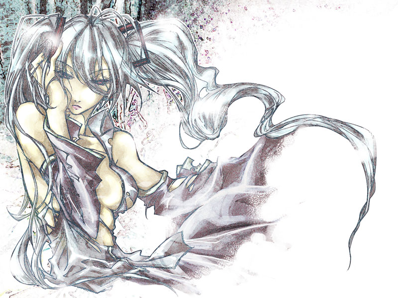 shiinoyuko, hatsune miku, vocaloid, detached sleeves, long hair, open clothes, open shirt, shirt, solo, twintails