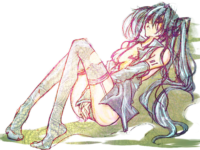 shiinoyuko, hatsune miku, vocaloid, detached sleeves, long hair, open clothes, open shirt, shirt, solo, thighhighs, twintails