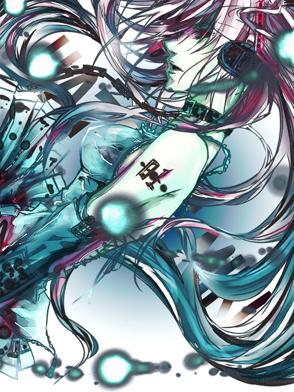 shiinoyuko, hatsune miku, vocaloid, chain, collar, detached sleeves, solo