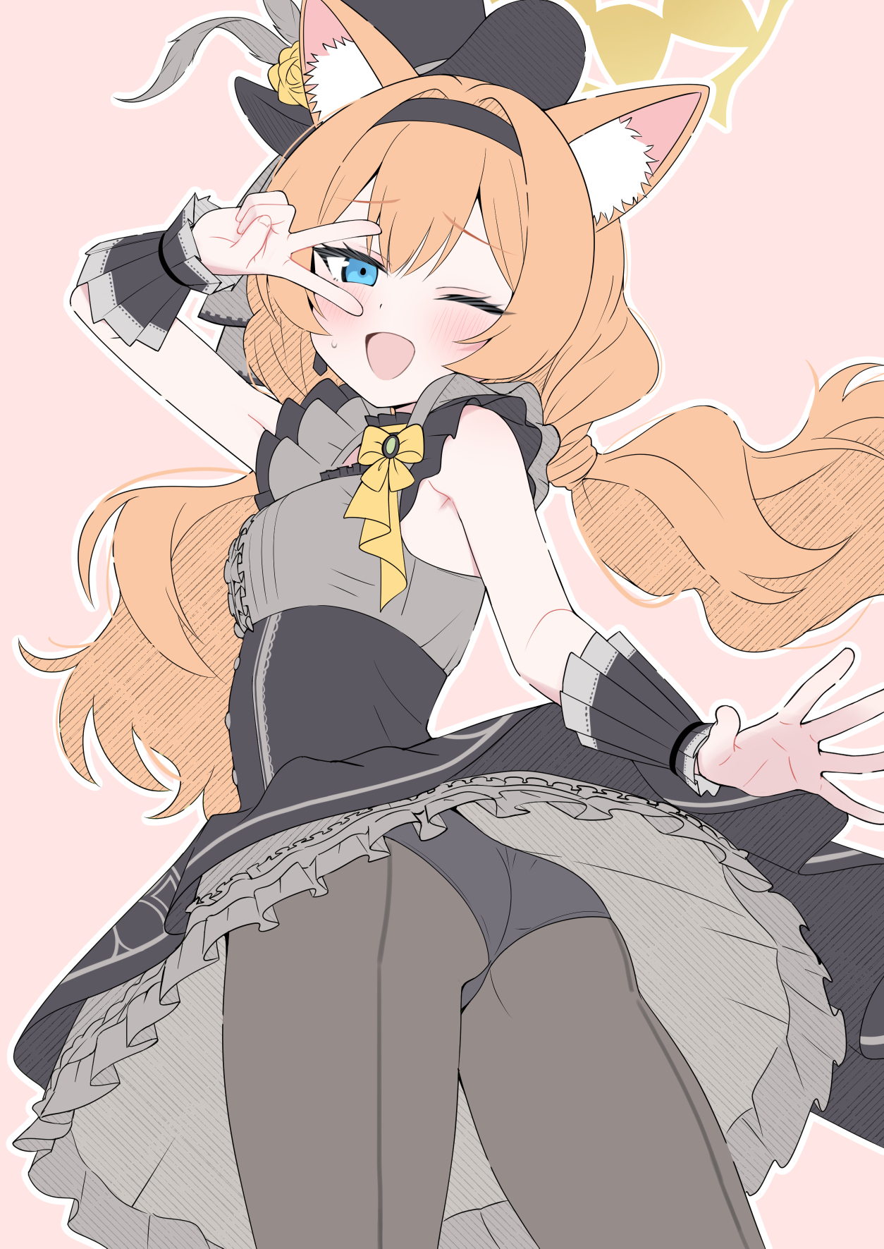 mistel (sukebemistel), mari (blue archive), mari (idol) (blue archive), blue archive, highres, revision, 1girl, animal ear fluff, animal ears, ass, black hairband, black hat, black pantyhose, black skirt, blue eyes, breasts, dot nose, hairband, halo, hat, long hair, looking at viewer, low twintails, official alternate costume, one eye closed, open mouth, orange hair, panties, panties under pantyhose, pantyhose, petticoat, pink background, raised eyebrows, simple background, skirt, small breasts, sweat, twintails, underwear, v, v over eye, wrist cuffs, yellow halo
