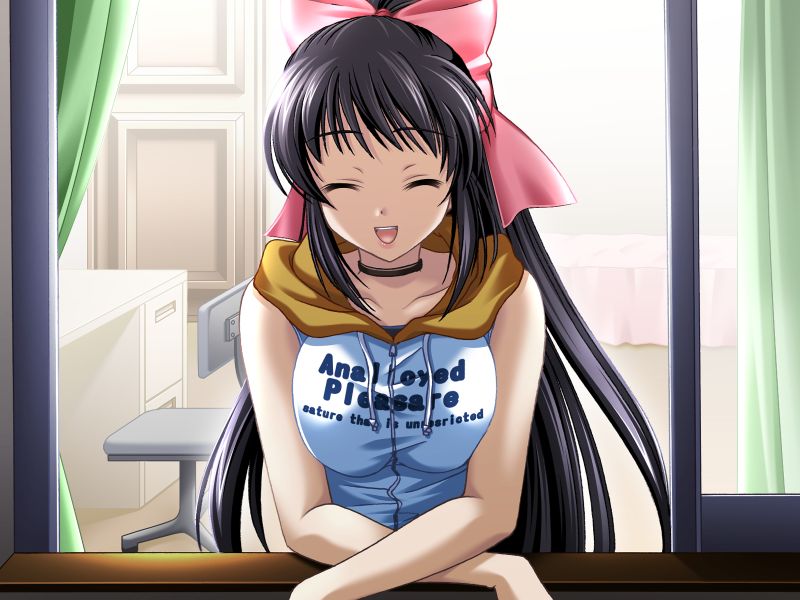 aikawa daisei, sugihara kokone, school love!, game cg, non-web source, 1girl, black hair, breasts, breasts squeezed together, closed eyes, clothes writing, english text, engrish text, female focus, hair ribbon, hood, hoodie, large breasts, long hair, ranguage, ribbon, smile, solo, window