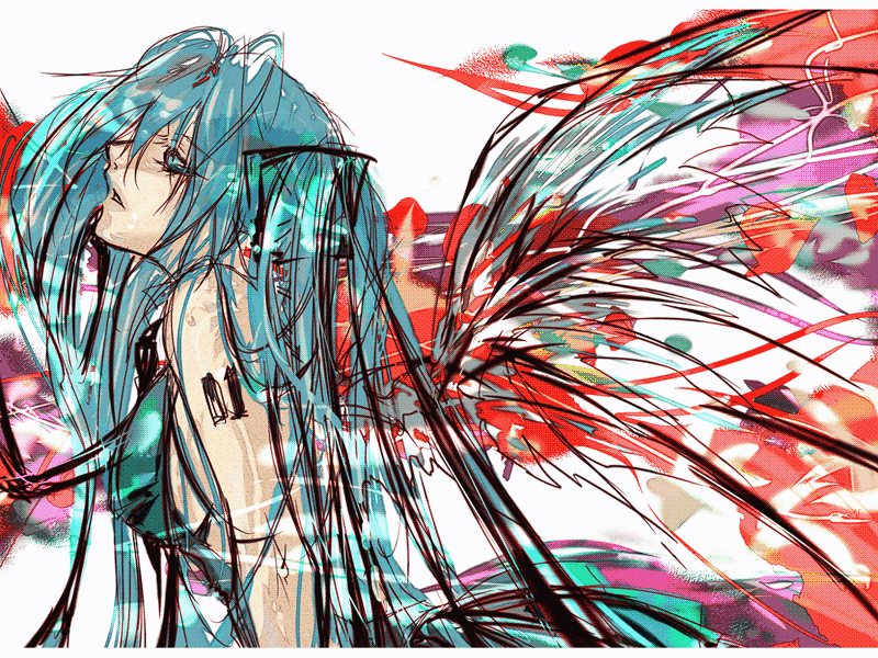 shiinoyuko, hatsune miku, vocaloid, tagme, blue eyes, blue hair, solo, wings