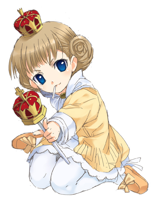 mizuki makoto, amatsuka mari, baby princess, 10s, blue eyes, brown hair, candy, crown, drill hair, food, lollipop, pantyhose, scepter, sitting, solo, white pantyhose