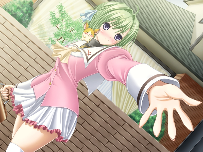 aikawa daisei, kusanagi maho, school love!, game cg, non-web source, source request, 1girl, blue eyes, dutch angle, female focus, green hair, hamster, school uniform, short hair, solo, thighhighs