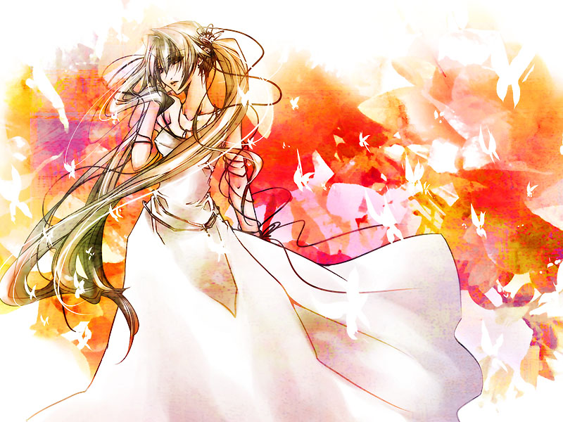 shiinoyuko, hatsune miku, vocaloid, bad id, bad pixiv id, dress, green hair, long hair, solo, twintails