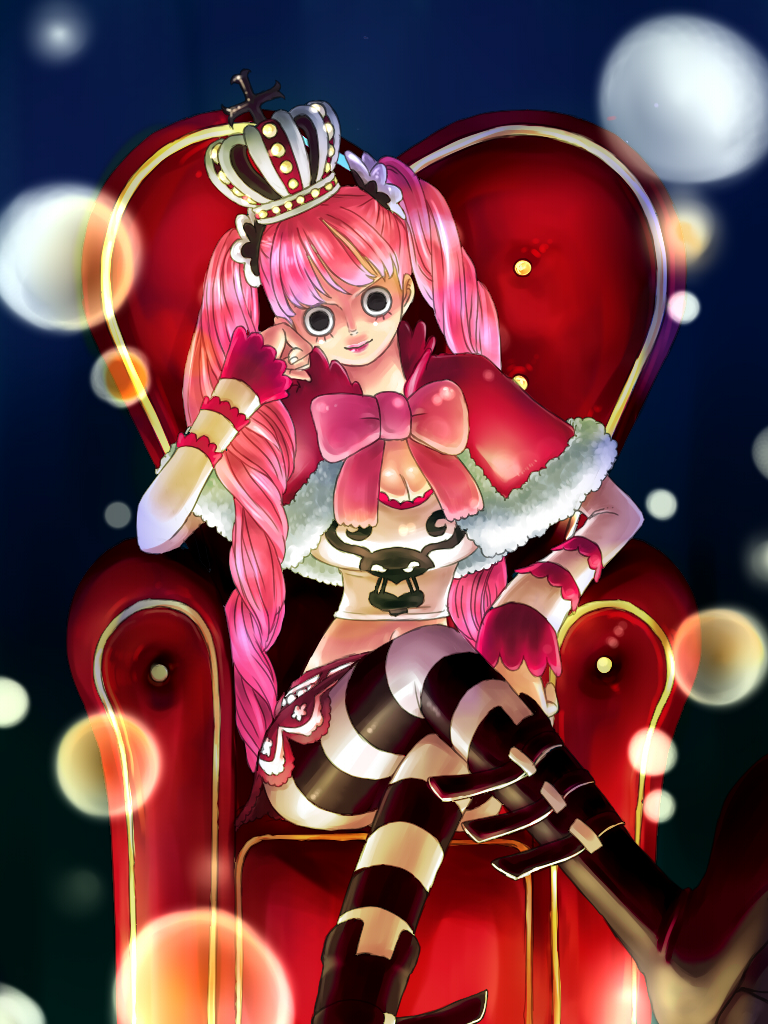 miura, perona, one piece, bad id, bad pixiv id, 1girl, boots, bow, breasts, chair, cleavage, crossed legs, crown, female focus, fur trim, head tilt, long hair, long sleeves, midriff, pantyhose, pink hair, red crown, red upholstery, short cape, sitting, skirt, solo, striped clothes, striped pantyhose, throne, twintails