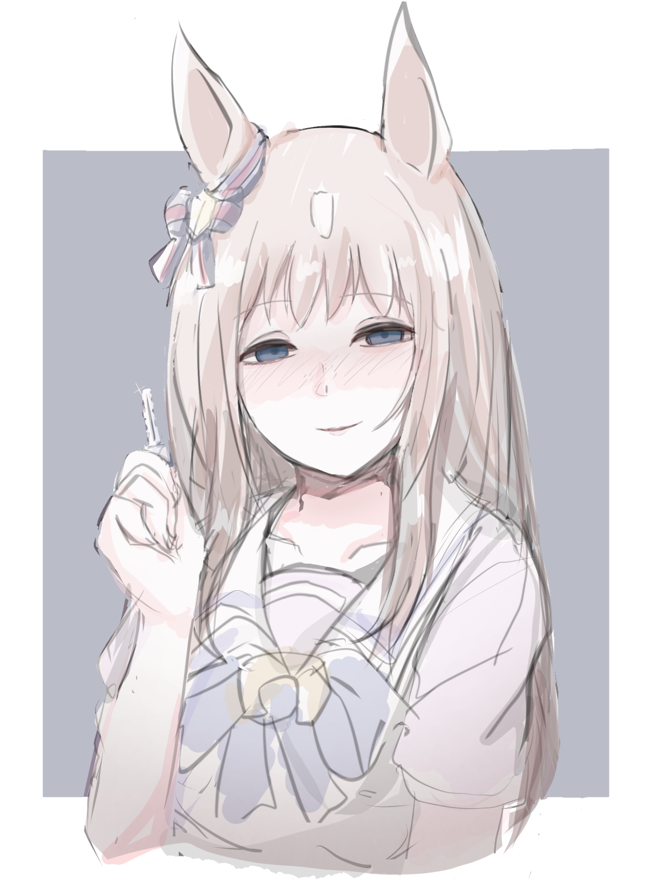 kawamochi (kawauti919), grass wonder (umamusume), umamusume, highres, 1girl, blue bow, blue eyes, blush, border, bow, brown hair, closed mouth, cropped torso, ear bow, grey background, half-closed eyes, hand up, holding, holding key, key, long hair, looking at viewer, multicolored hair, nose blush, purple shirt, school uniform, shirt, short sleeves, smile, solo, striped bow, tracen school uniform, two-tone hair, upper body, very long hair, white border, white hair