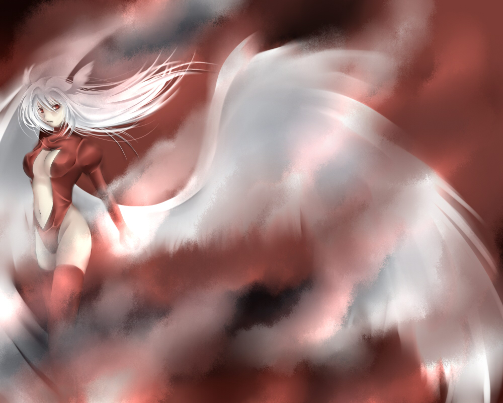 hal (goshujinomocha), hal (haruna), ultima (fft), final fantasy, final fantasy tactics, >:|, 1girl, :|, angel wings, bodysuit, breasts, center opening, cleavage, cleavage cutout, closed mouth, clothing cutout, elbow gloves, feathers, female focus, floating hair, from side, gloves, groin, hair between eyes, hair intakes, head wings, highleg, highleg leotard, leotard, long hair, looking at viewer, navel, navel cutout, no bra, puffy sleeves, red thighhighs, serious, solo, standing, sword, thighhighs, turtleneck, v-shaped eyebrows, weapon, white hair, wings