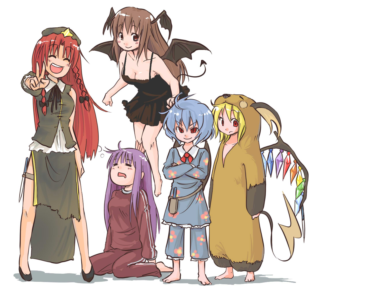 abekawa, flandre scarlet, hong meiling, koakuma, patchouli knowledge, raichu, remilia scarlet, embodiment of scarlet devil, nintendo, pokemon, touhou, >:), 6+girls, barefoot, bat wings, braid, breasts, cleavage, cosplay, female focus, gen 1 pokemon, head wings, kigurumi, knife, multiple girls, pajamas, raichu (cosplay), tail, throwing knife, track suit, v-shaped eyebrows, weapon, wings