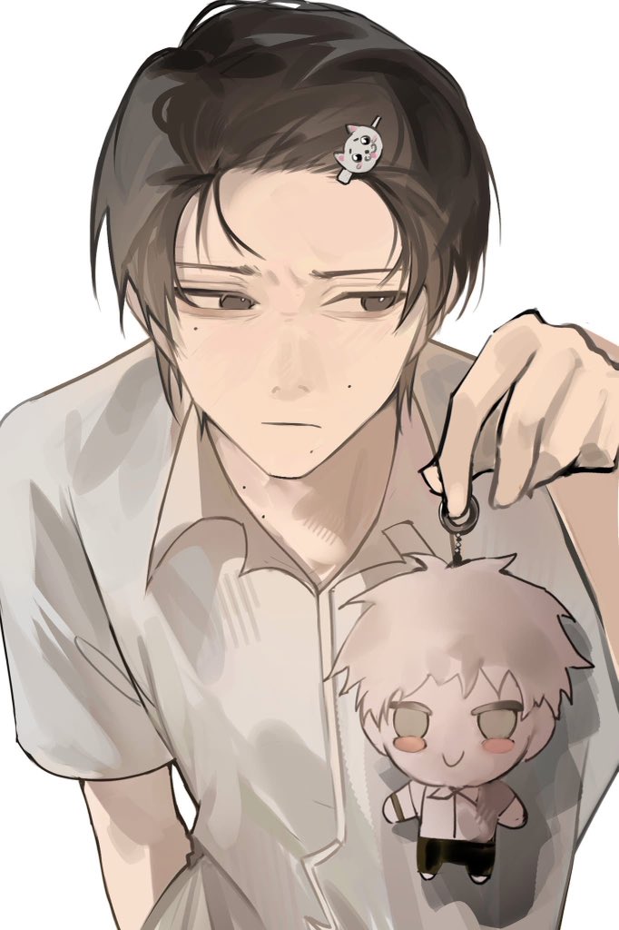 4rest, indou hikaru, tsujinaka yoshiki, hikaru ga shinda natsu, hashtag-only commentary, 1boy, black eyes, black hair, collared shirt, hair ornament, hairpin, holding, male focus, mole, mole on cheek, mole on neck, mole under eye, mole under mouth, multiple moles, shirt, short hair, short sleeves, simple background, white background, white hair, white shirt