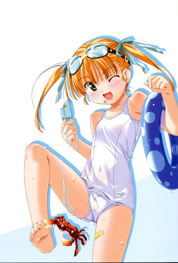 kuuchuu yousai, non-web source, 1girl, ;d, bandaid, barefoot, covered navel, crab, crustacean, fang, feet, female focus, food, food on face, goggles, goggles on head, green eyes, innertube, leg lift, melting, one-piece swimsuit, one eye closed, open mouth, orange hair, popsicle, school swimsuit, short hair, smile, soles, solo, swim ring, swimsuit, twintails, wet, white one-piece swimsuit, white school swimsuit, wink
