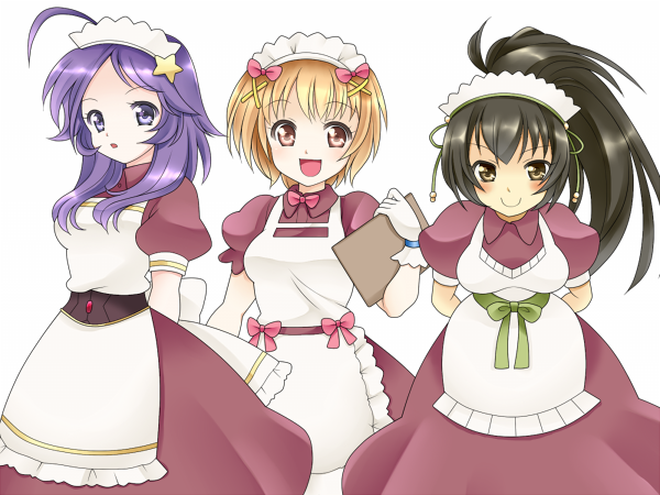 kotomi (happy colors), blossom (ragnarok online), pavianne (ragnarok online), roxie (ragnarok online), ragnarok online, commentary request, 3girls, ahoge, apron, arms behind back, black hair, blonde hair, blush, breasts, brown dress, brown eyes, clipboard, closed mouth, cowboy shot, dress, gloves, hair ornament, holding, holding clipboard, kafra uniform, leaning forward, long hair, looking at viewer, maid, maid headdress, medium breasts, multiple girls, open mouth, puffy short sleeves, puffy sleeves, purple eyes, purple hair, short hair, short sleeves, simple background, smile, white apron, white background, white gloves, x hair ornament
