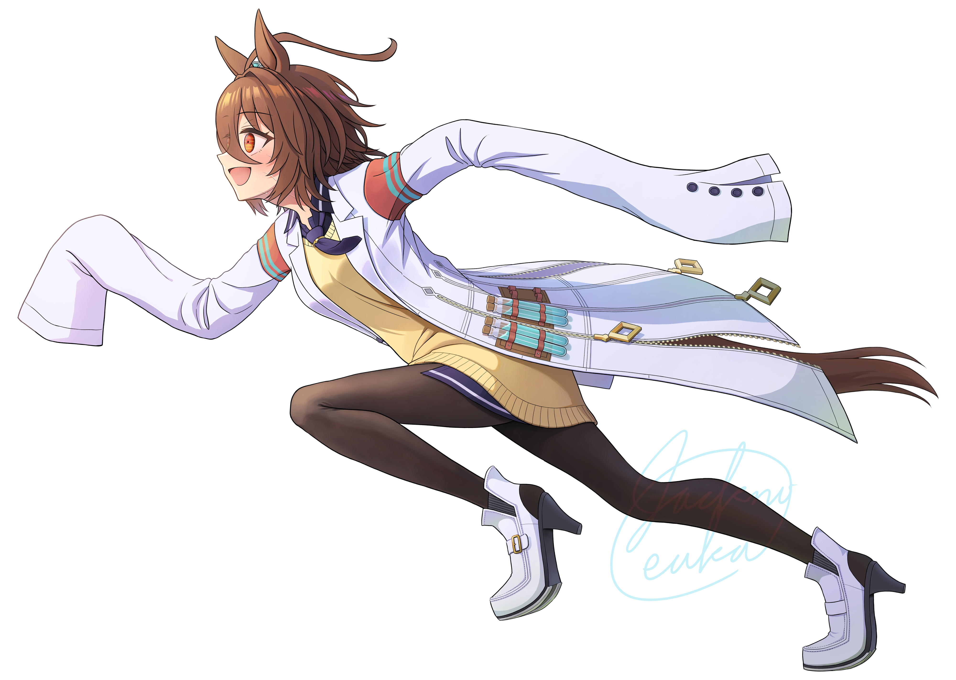 jack (jacknoeaka), agnes tachyon (tach-nology) (umamusume), agnes tachyon (umamusume), umamusume, absurdres, highres, 1girl, ahoge, animal ears, black pantyhose, blush, brown hair, coat, cork, earrings, full body, hair between eyes, horse ears, horse girl, horse tail, huge ahoge, jewelry, lab coat, long sleeves, medium hair, necktie, open mouth, pantyhose, red eyes, shirt, shoes, short necktie, simple background, single earring, sleeves past fingers, sleeves past wrists, smile, solo, sweater, sweater vest, tail, test tube, white background, white coat, wolf cut, yellow sweater, yellow sweater vest